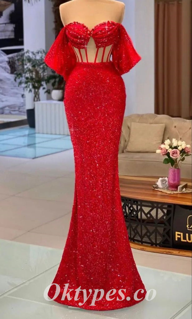 Gorgeous Red Sequin Off Shoulder Sleeveless Mermaid Long Prom Dresses,PDS0682
