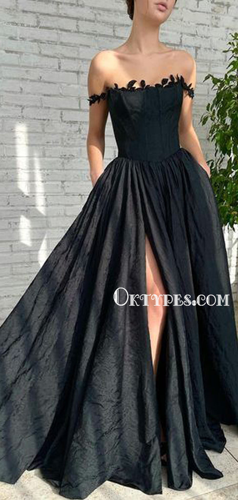 Newest A-line Off-shoulder Side Slit Black Long Prom Dresses, PDS0267