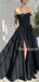 Newest A-line Off-shoulder Side Slit Black Long Prom Dresses, PDS0267
