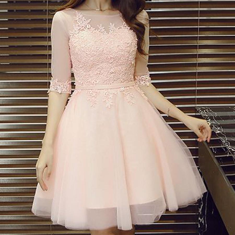Pink lace A-line with half sleeve lovely elegant party gown homecoming prom dress, TYP0159