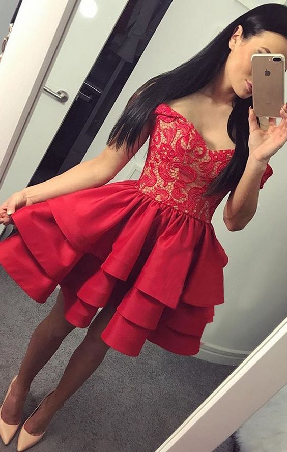 Sexy Off-Shoulder Red Satin Short Cheap Homecoming Dresses with Lace, TYP1084