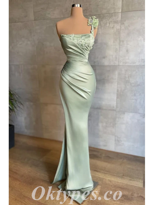 Sexy Satin One Shoulder Sleeveless Mermaid Long Prom Dresses,PDS0715