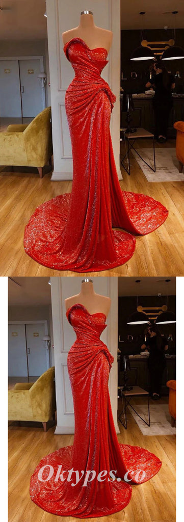 Sexy Shiny Red Sequin Sweetheart Sleeveless Mermaid Long Prom Dresses With Pleats,PDS0533
