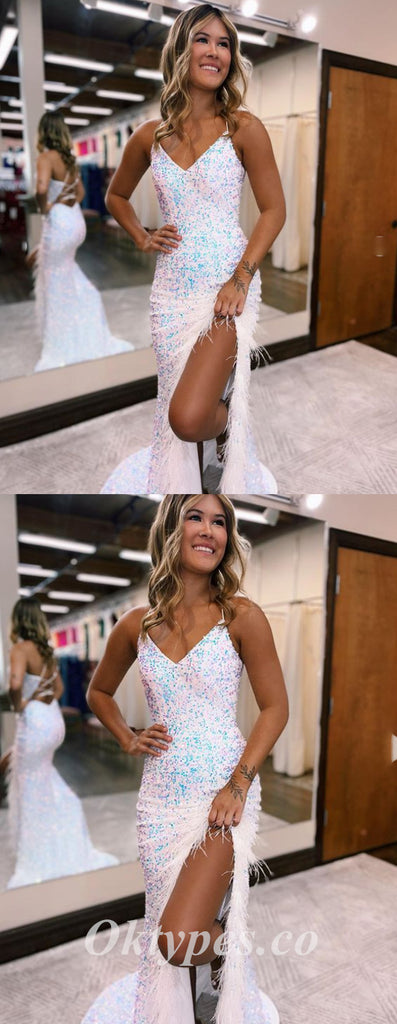Sexy Charming White Sequin Spaghetti Straps V-Neck Sleeveless Side Slit Mermaid Long Prom Dresses With Feather,PDS0653