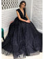 Black Shiny Tulle Spaghetti Straps V-Neck Backless A-Line Long Prom Dresses,PDS0432