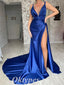Sexy Royal Blue Satin Spaghetti Straps V-Neck Open Back Sleeveless Side Slit Mermaid Long Prom Dresses/Evening Dresses ,PDS0473