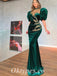 Elegant Velvet High Neck Half Sleeves Backless Mermaid Long Prom Dresses With Applique,PDS0794