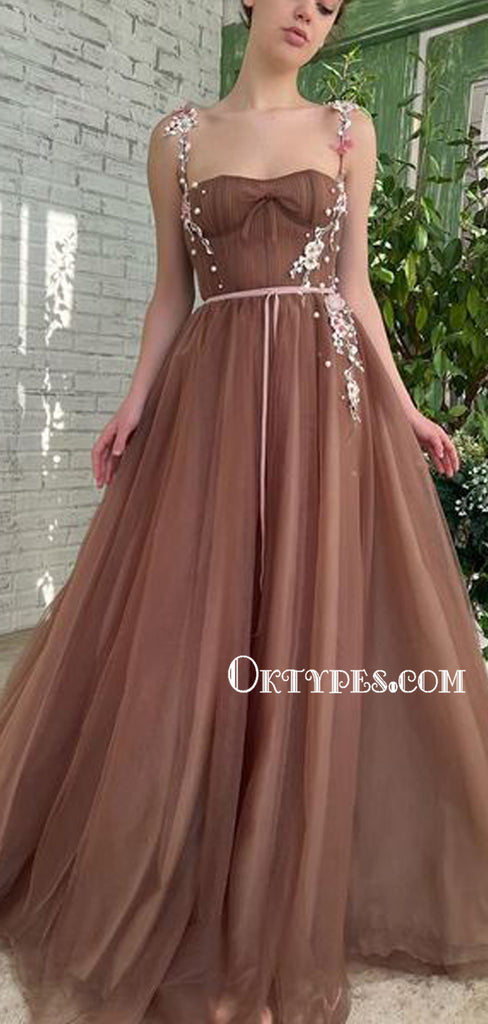 Lovely Spaghetti Straps A-line Tulle Long Prom Dresses, PDS0268