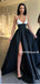 Newest V-neck A-line Satin White Black Long Prom Dresses, PDS0163