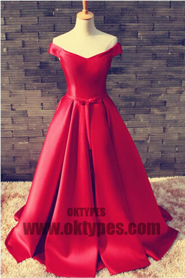 A-line Long Prom Dresses, Red Floor Length Prom Dresses, Off-shoulder Prom Dresses, Lace Up Prom Dresses, TYP0190