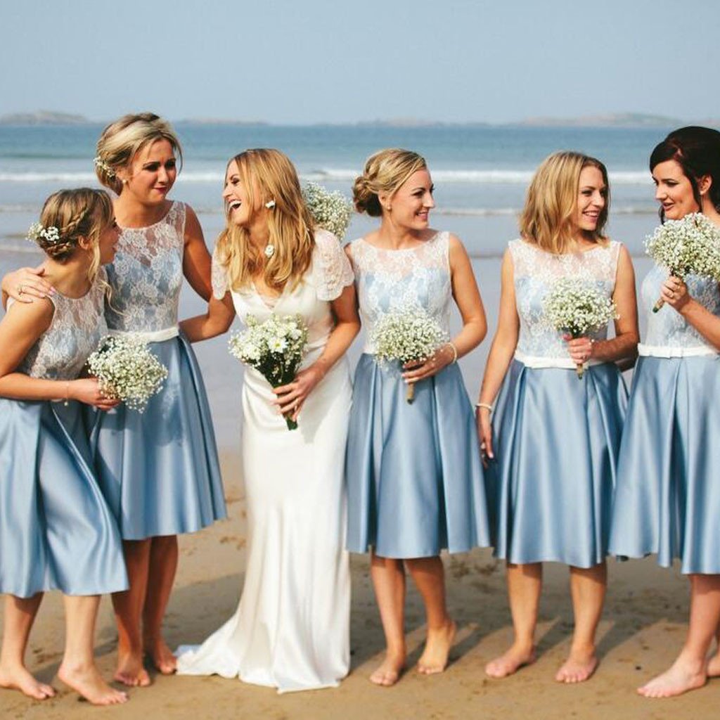 Popular Junior Short Pretty Blue Satin White Lace Bridesmaid Dresses for Beach Wedding, TYP0172