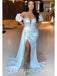 Sexy Satin Off Shoulder V-Neck Side Slit Mermaid Long Prom Dresses With Trailing, PDS0874
