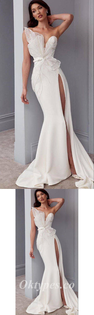 Elegant White Satin Sweetheart Sleeveless Side Slit Mermaid Long Prom Dresses With Belt,PDS0549