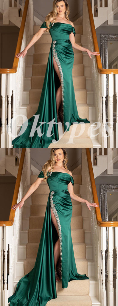 Sexy Satin Off Shoulder Sleeveless Side Slit Mermaid Long Prom Dresses With Rhinestone,PDS0768