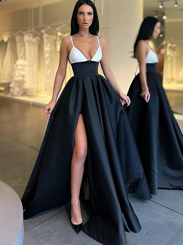 Newest V-neck A-line Satin White Black Long Prom Dresses, PDS0163