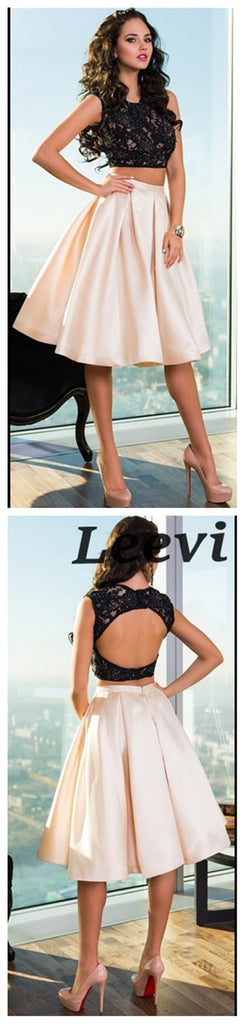 Sexy Open Back Two Piece Lace Black Homecoming Dresses 2018, CM493