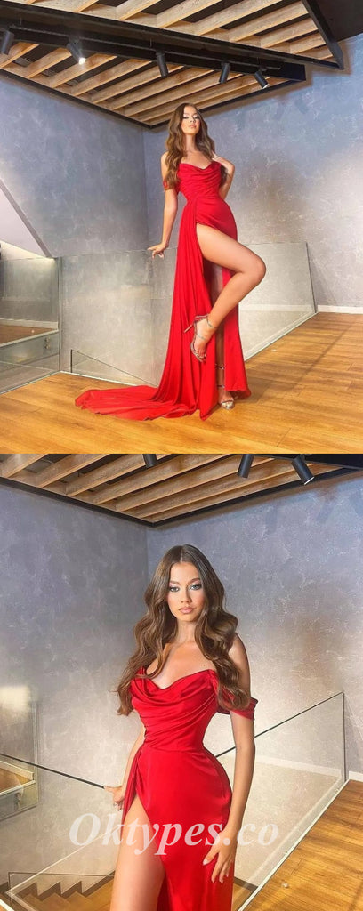 Sexy Red Satin Off Shoulder Sleeveless Side Slit Mermaid Long Prom Dresses/Evening Dresses,PDS0480