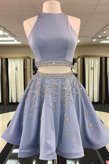 Grey Two Pieces Hatler Beaded Cheap Short Homecoming Dresses 2018, CM555