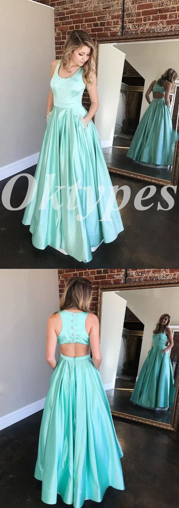 Sexy Satin Spaaghetti Straps sleeveless A-Line Long Prom Dresses With Pocket, PDS0928
