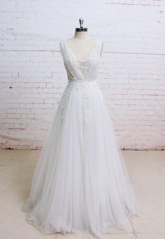 Backless V Neck Lace A-line Cheap Wedding Bridal Dresses, Wedding Dresses, TYP0499