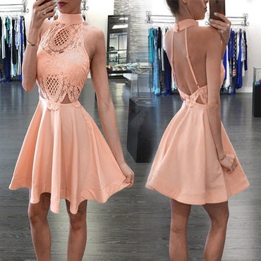 New Arrival Blush pink High neck open backs unique style homecoming prom dresses, TYP0121