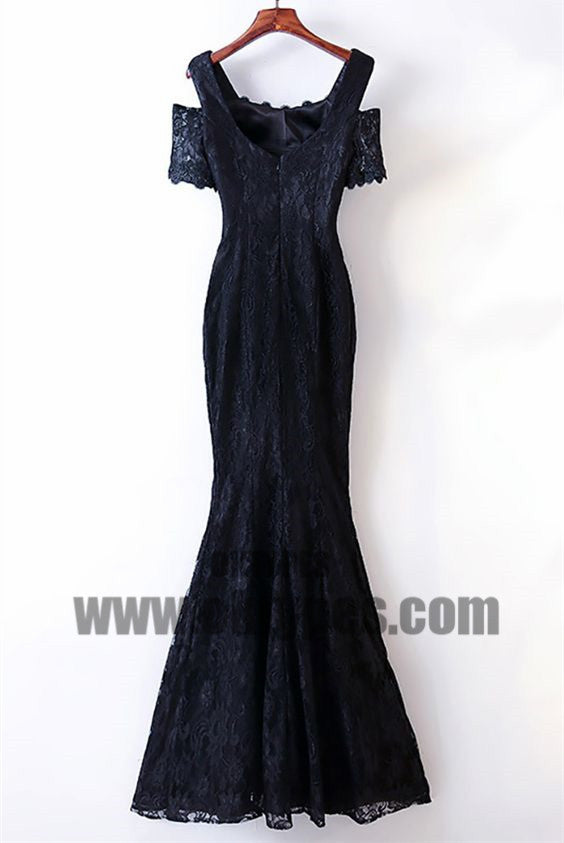 Black Long Mermaid Lace Prom Dresses, Off-shoulder Zipper Prom Dresses, Prom Dresses, TYP0472