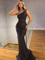 Sexy One-shoulder Mermaid Black Sequin Long Prom Dresses, PDS0254