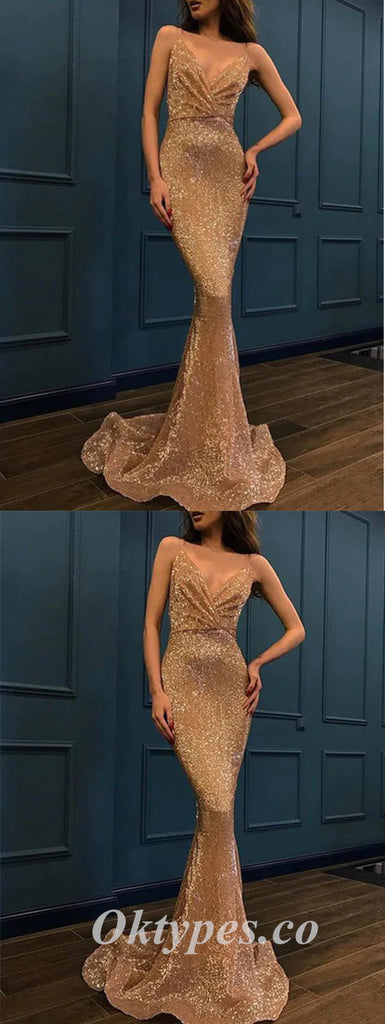 Sexy Sequin Spaghetti Straps V-Neck Sleeveless Mermaid Long Prom Dresses,PDS0609