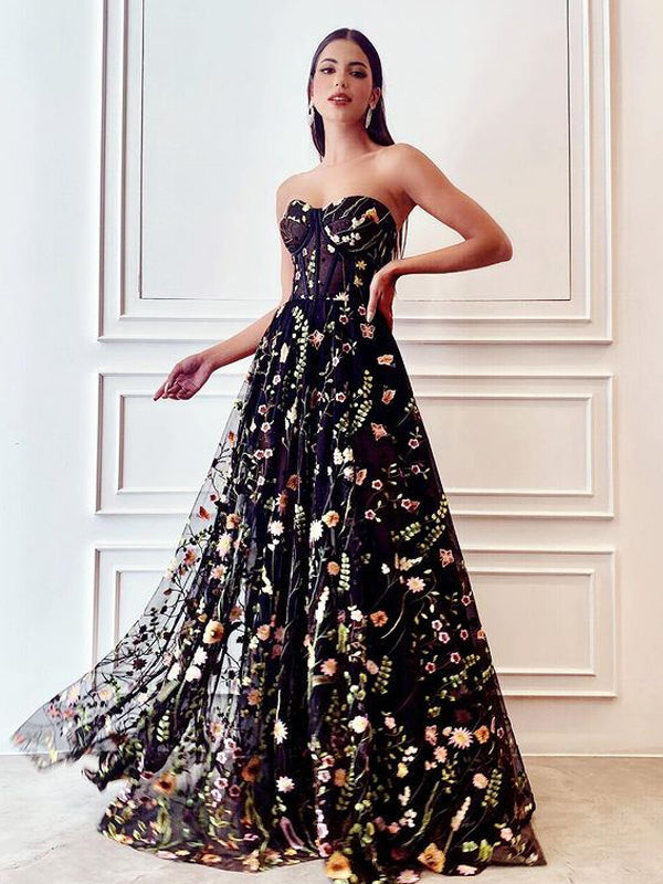 Unique Gorgeous Black Floral Embroidered Long Prom Dresses, TYP1730