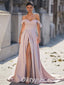 Elegant Satin Sweetheart Off Shoulder A-Line Long Prom Dresses With Split,PDS0418