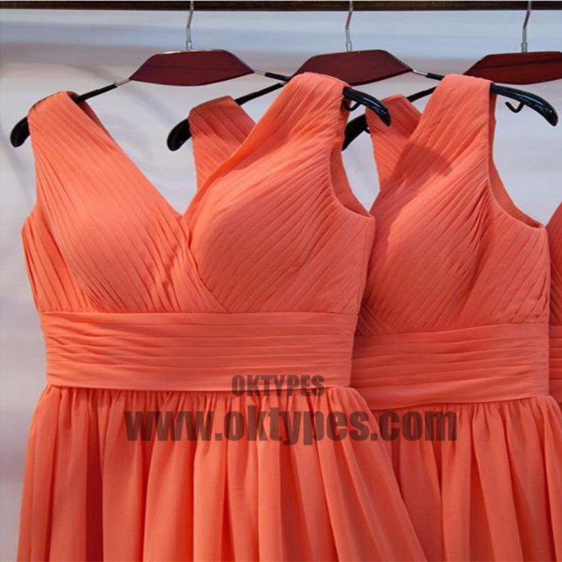 On Sale Ruffles Coral Bridesmaid Dresses Suitable Long V-Neck Sleeveless Zipper Dresses, TYP0460