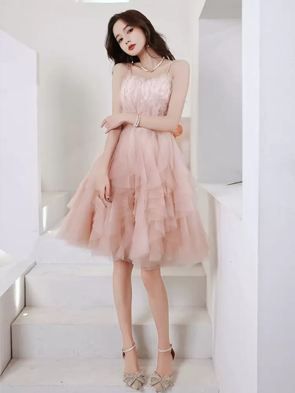 Elegant Charming Feather Tulle Appliqued Short Homecoming Dresses, HDS0075