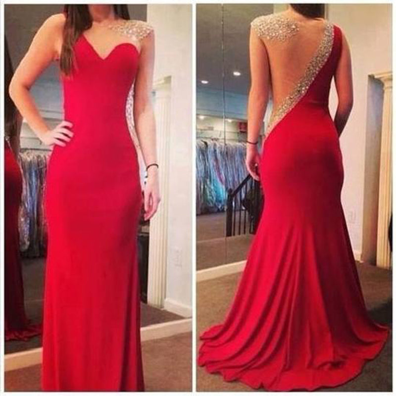 Red Long Prom Dresses, Elegant Red Jersey Prom Dresses, Beading Mermaid Prom Dresses, Yarn Prom Dresses, Illusion Sleeveless Prom Dresses, TYP0069