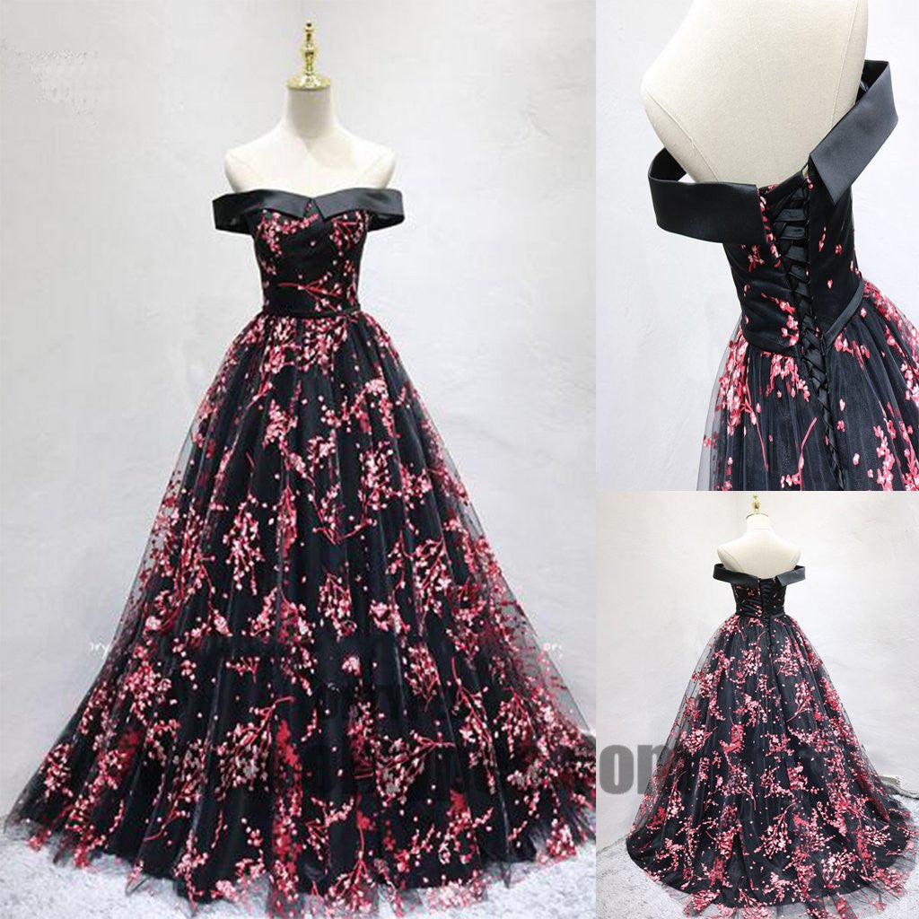 Newest Off The Shoulder Top Satin Lace Up Flower Printed Tulle A-Line Long Prom Dress, Prom Dresses, TYP0411