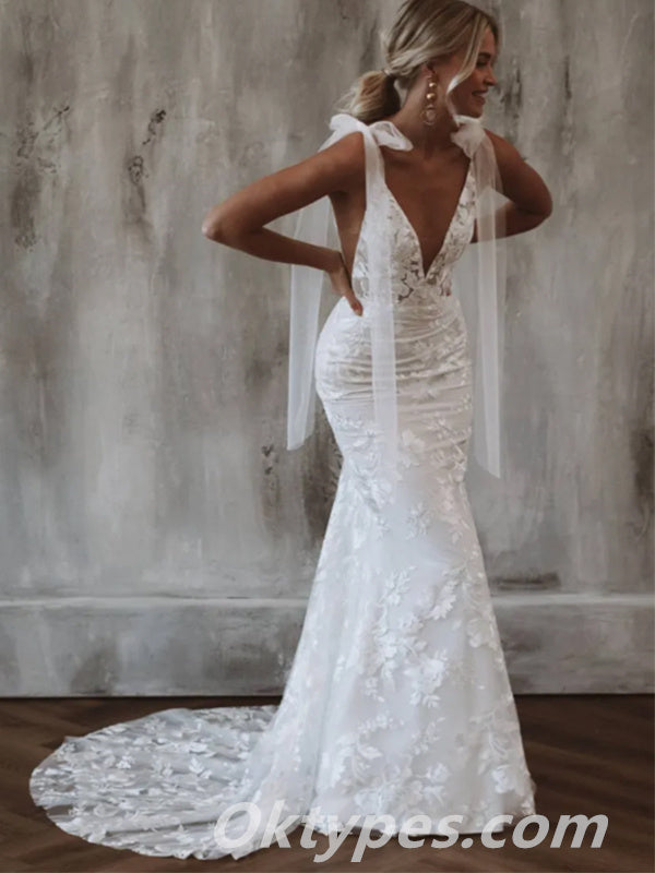 Gorgeous White Lace Spaghetti Straps Deep V-Neck Open Back Mermaid Long Wedding Dresses,WDS0127
