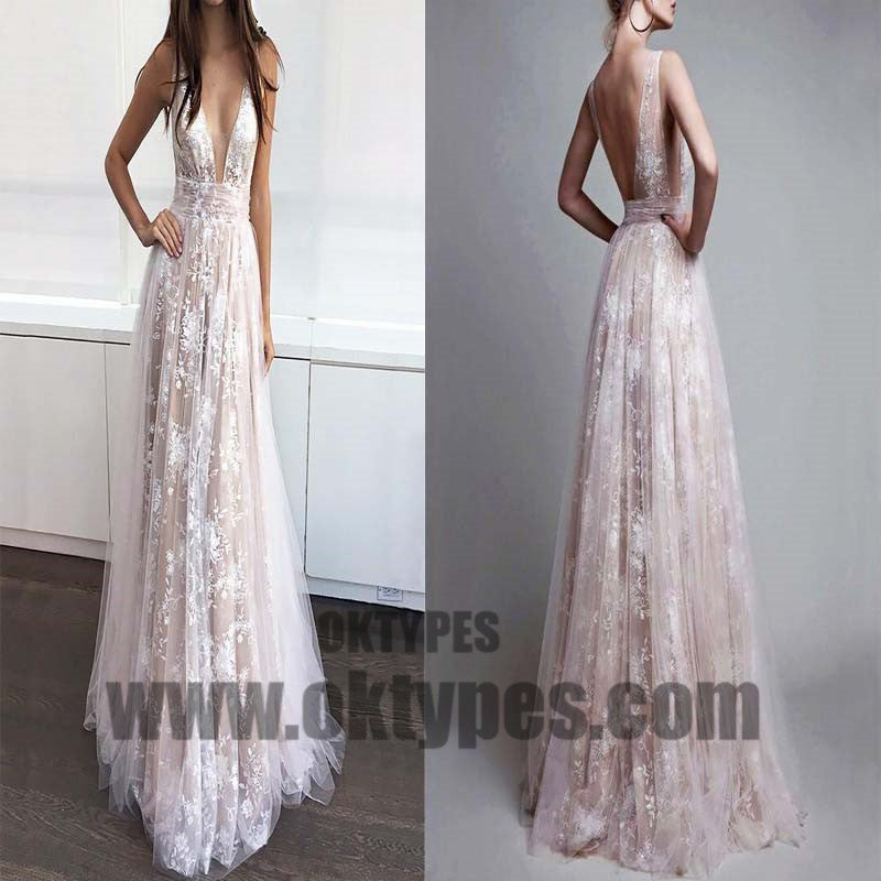 Long Floor Length White Lace Prom Dresses, Sexy Deep V-neck Prom Dresses, Backless Prom Dresses, TYP0274