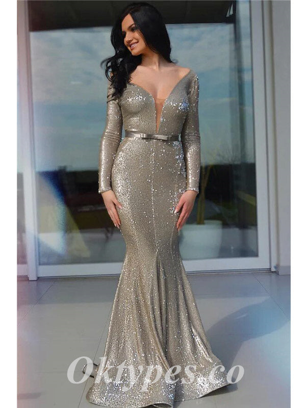 Sexy Sequin Deep V-Neck Long Sleeve Mermaid Long Prom Dresses With Belt, PDS0845