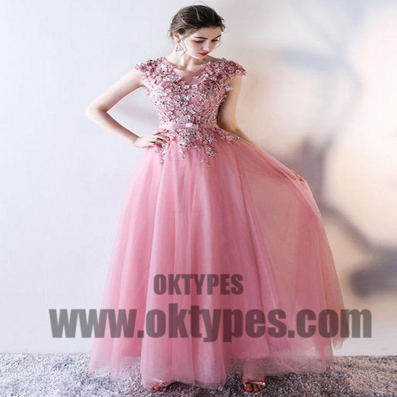 Light Pink Prom Dresses, Long Beading Prom Dresses, Appliques Prom Dresses, Jewel Prom Dresses, Open-back Prom Dresses, Lace Up Prom Dresses, TYP0071