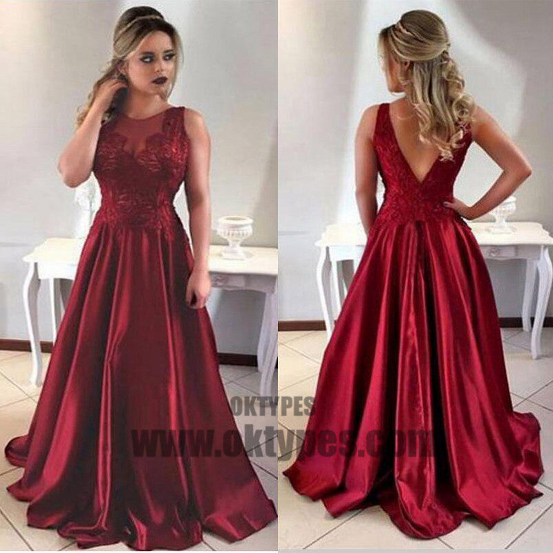 Claret A-line Long Floor Length Prom Dresses, Appliques Prom Dresses, Jewel Prom Dresses, V-back Prom Dresses, TYP0287