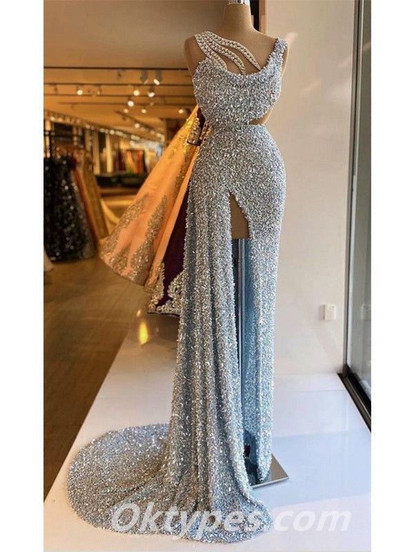 Sexy Sequin Spaghetti Straps Sleeveless Mermaid Long Prom Dresses With Split,PDS0390