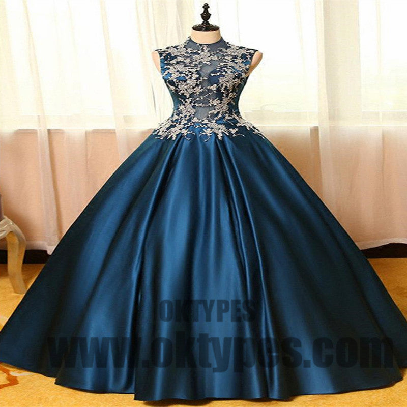 Ball Gown High Neck Floor-length Sleeveless Elastic Woven Satin Prom Dress/Evening Dress, TYP0435