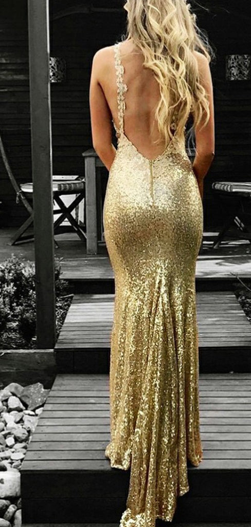 Mermaid V-Neck Backless Gold Sequined Prom Dresses with Appliques, TYP1288
