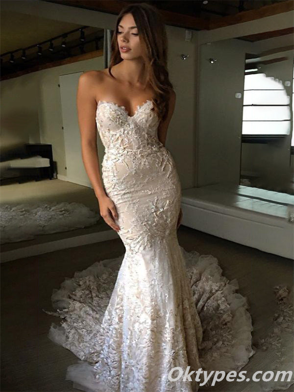 Gorgeous Ivory Strapless Sweetheart Appliques Train Mermaid Wedding Dresses,WDS0123