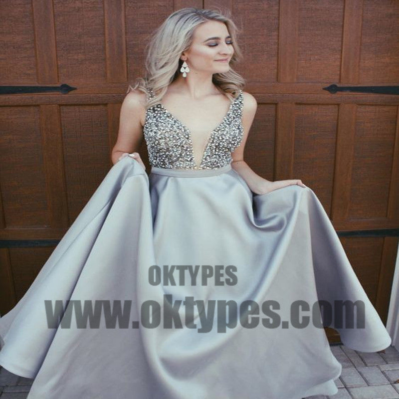 Newest Top Beading Satin V-neck Prom Dresses, Backless Prom Dresses, TYP0375