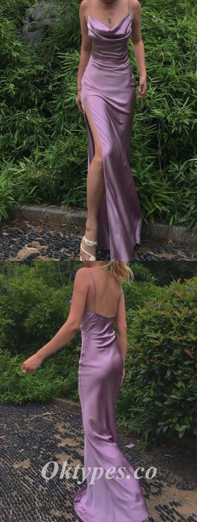 Sexy Soft Satin Spaghetti Straps Cowl Sleeveless Side Slit Mermaid Long Prom Dresses ,PDS0625