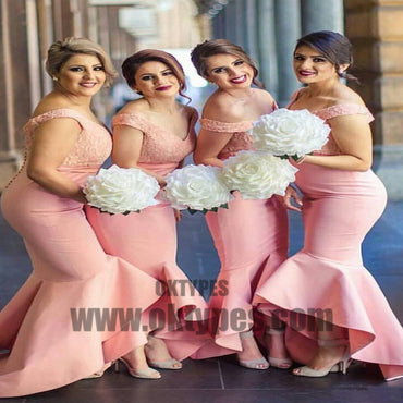 Baby Pink Mermaid Off the Shoulder Hi-Low with Ruffles Sweetheart Lace Top Bridesmaid Dress, TYP0468