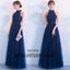 Dark Blue Tulle High Neck Long Prom Dress With Beading, Tulle Prom Dresses, TYP0373
