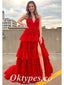 Sexy Red Tulle Spaghetti Straps V-Neck Side Slit A-Line Long Prom Dresses, PDS0938