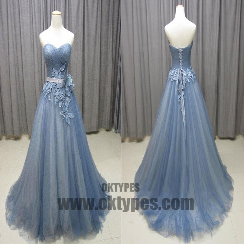 Sweetheart Neck Gray Blue Tulle Long Senior Prom Dress, Long Evening Dress With Lace Appliques, TYP0453