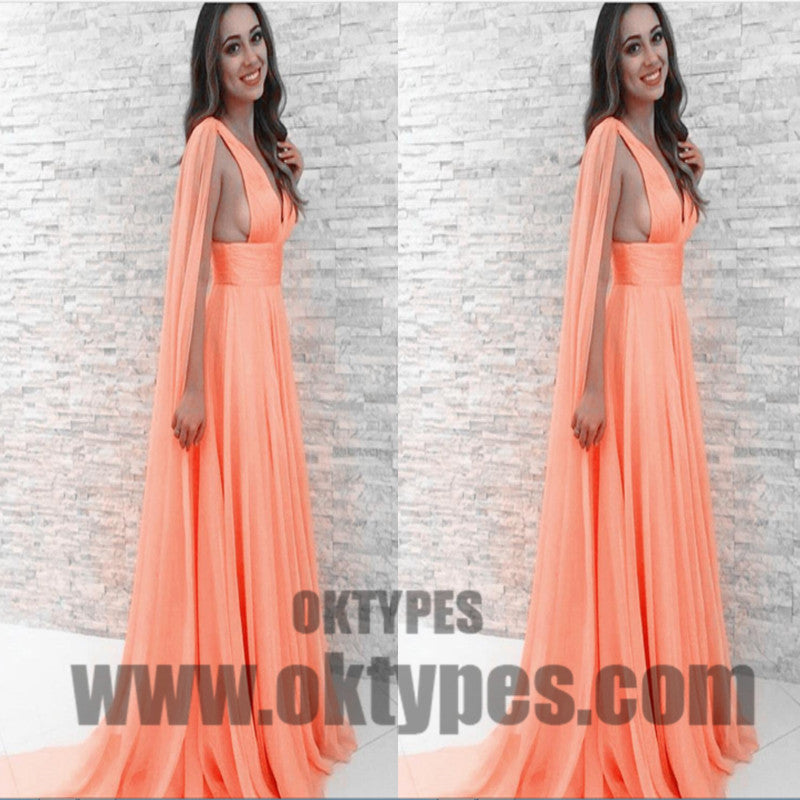 Light Orange Long Prom Dresses, Sexy V-neck Prom Dresses, Watteau Train Prom Dresses, V-back Prom Dresses, TYP0234